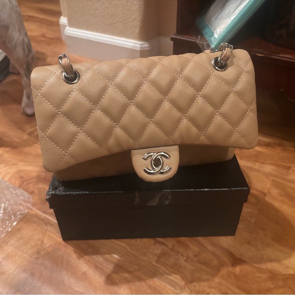 CHANEL Beige Quilted Flap Shoulder Bag with Silver CC Hardware